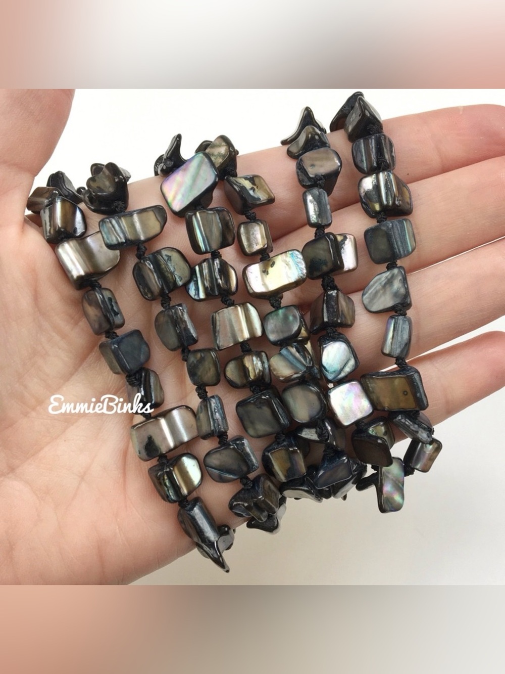 New Black Genuine Mother of Pearl Sea Shell Hand Beaded Long Wrap Necklace